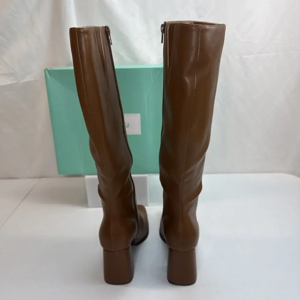 Ankis Tall Boots Womens Size 9.5 Brown Faux Leather Square Toe Chunky Heel
